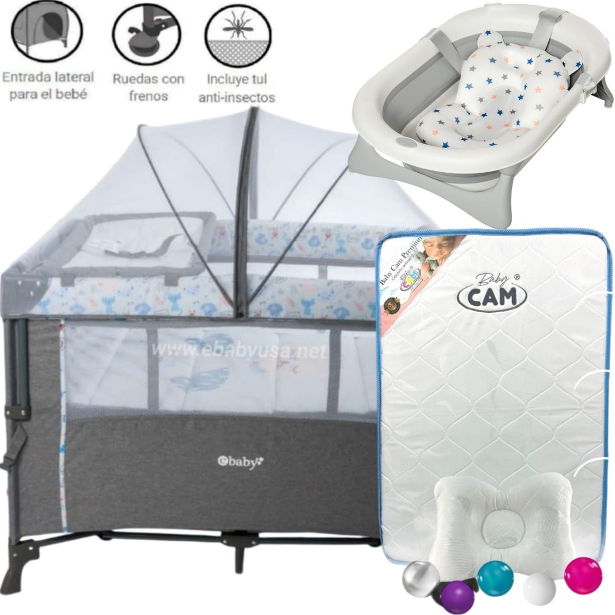 EBABY - Cuna Colecho Nala CELESTE + Colchón CELESTE + tina GRIS