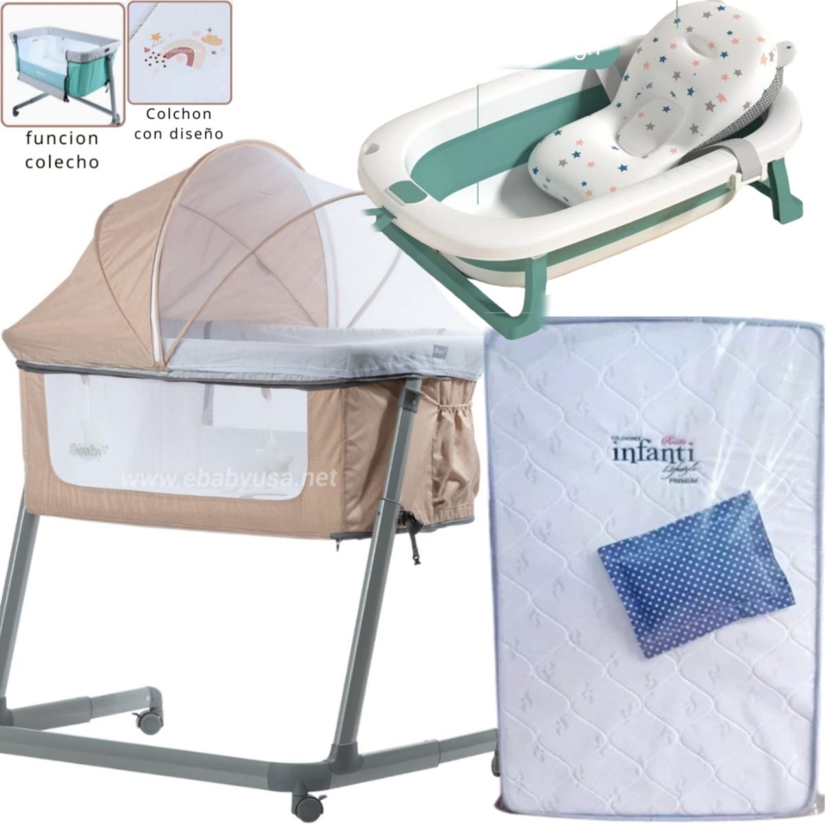 EBABY - Cuna Colecho MARION+ Colchón para cuna AZUL+ TINA VERDE