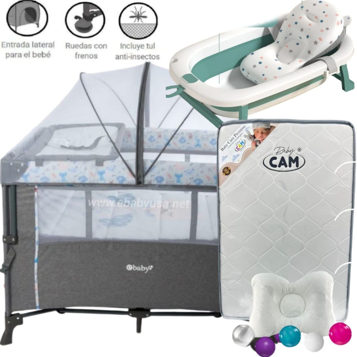 EBABY - Cuna Colecho Nala CELESTE + Colchón GRIS + tina CELESTE