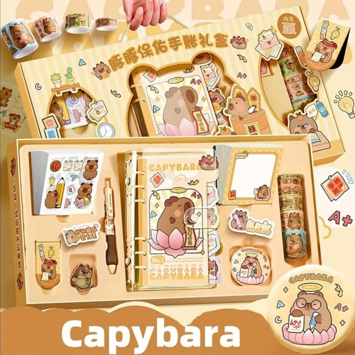 XCLUSIVE - CAPIBARA SET PAPELERIA LIBRETA LAPICERO STICKER CINTAS