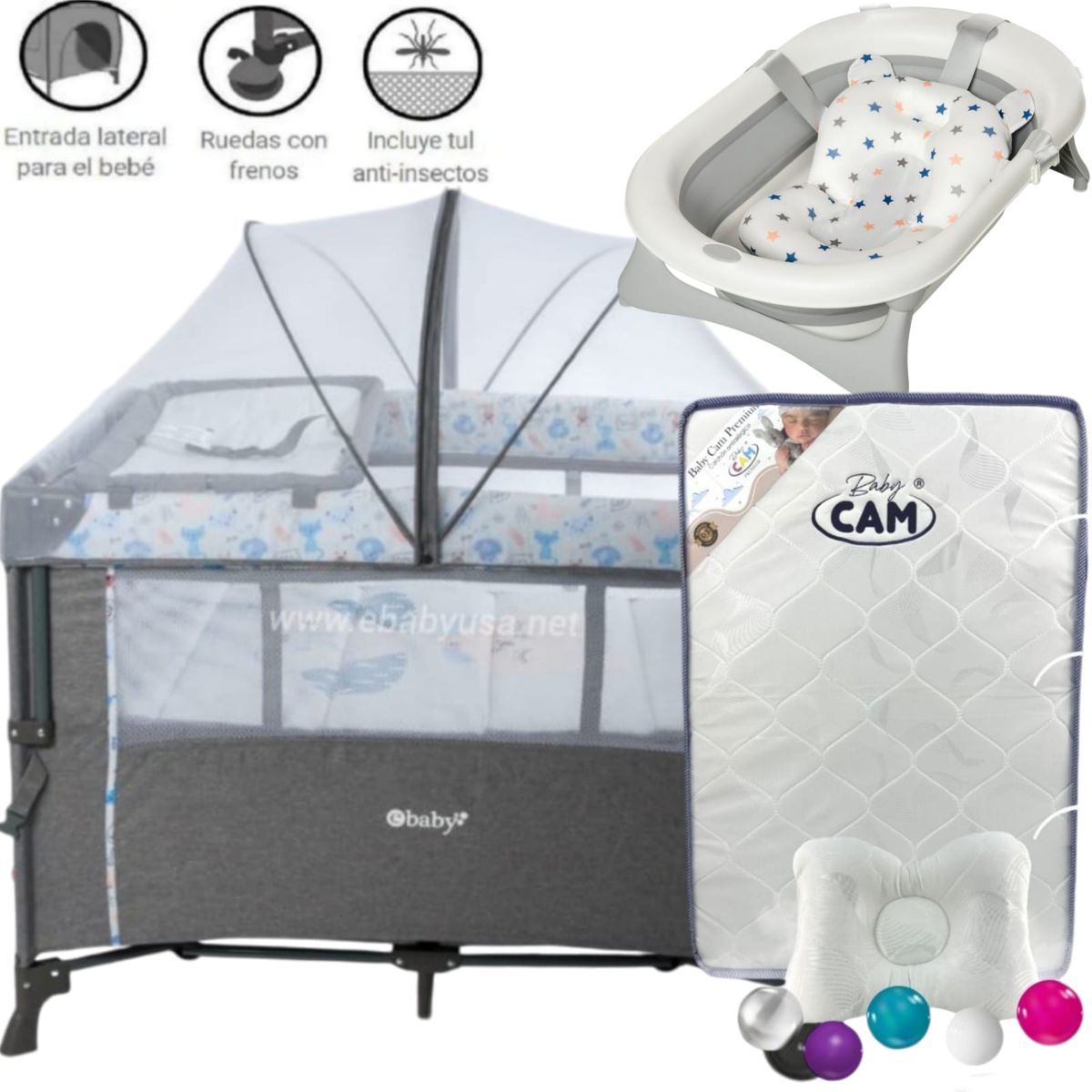 EBABY - Cuna Colecho Nala CELESTE + Colchón AZUL + tina CELESTE