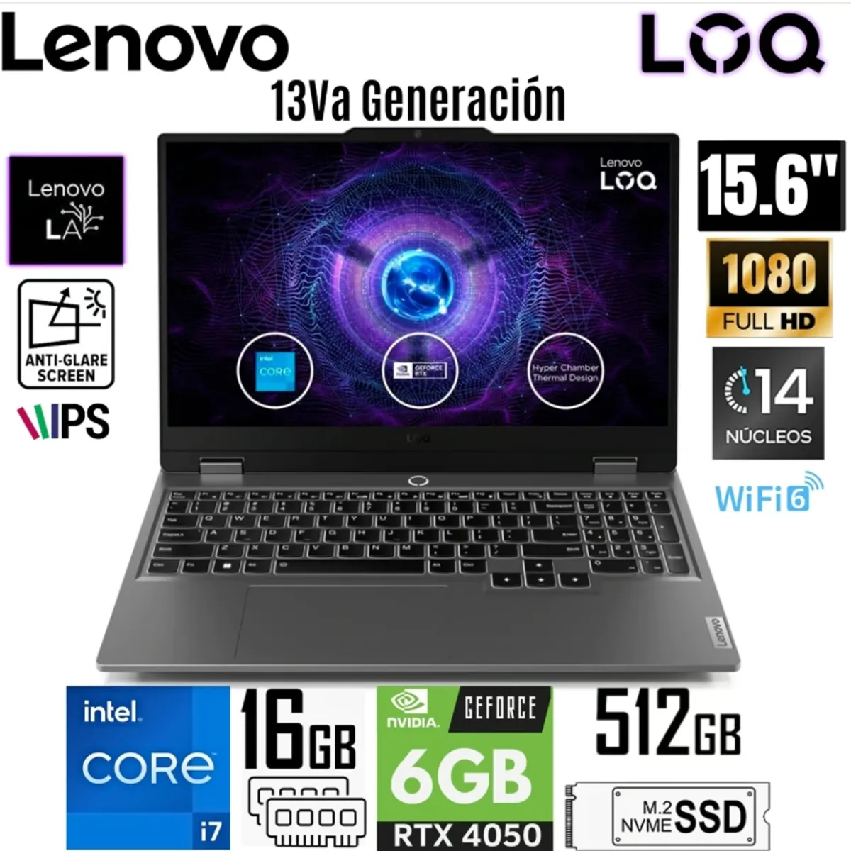 LENOVO - LAPTOP LENOVO LOQ 15IRX9 INTEL CORE I7 13650HX 16GB 512GB 15.6" FHD RTX 4050 6GB W11 PRO