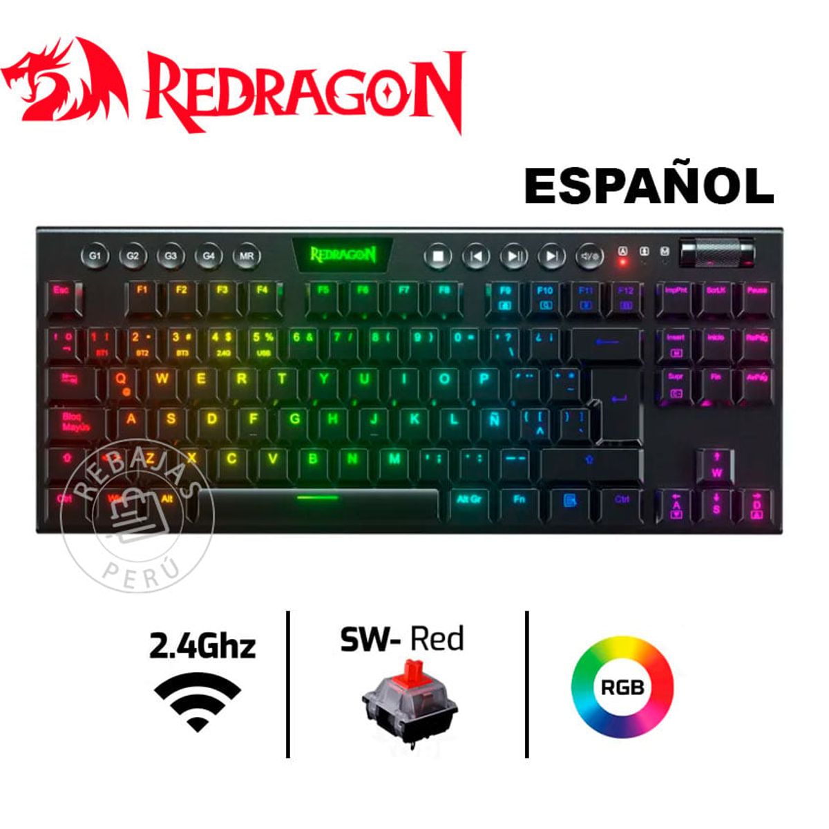 REDRAGON - Redragon HORUS TKL K621  Teclado Mecánico Wireless RGB Low-Profile