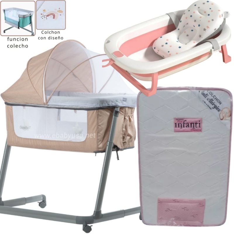 EBABY - Cuna Colecho MARION + Colchón para cuna ROSA+ TINA ROSA
