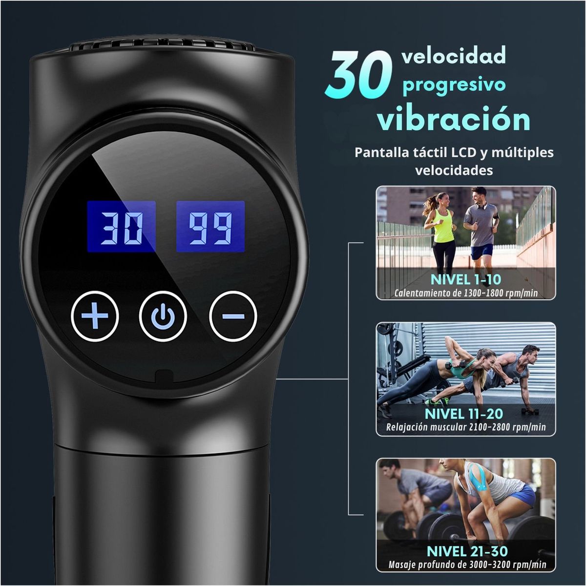 VICTORIA - Pistola de Masaje Muscular Profesional Victoria Han – 30 Velocidades, 8 Cabezales