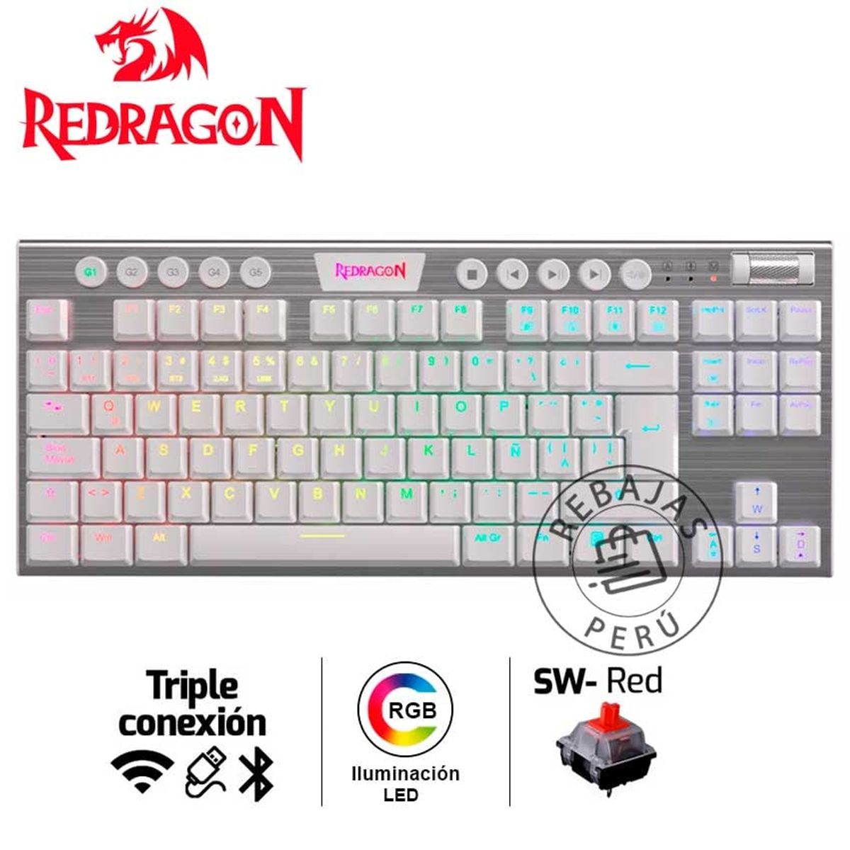 REDRAGON - Teclado Mecánico Redragon HORUS TKL K621W-RGB Inalámbrico Switch Red