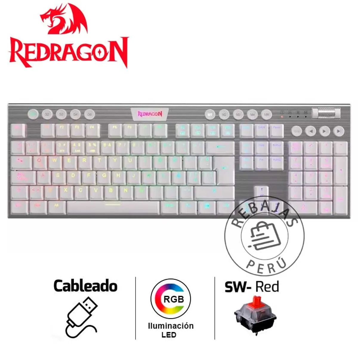 REDRAGON - Teclado Mecánico Redragon HORUS K619W-RGB-SP Switch Rojo Blanco