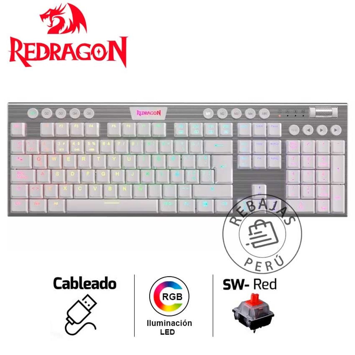 REDRAGON - Teclado Mecánico Redragon HORUS K619W-RGB-SP Switch Rojo Blanco