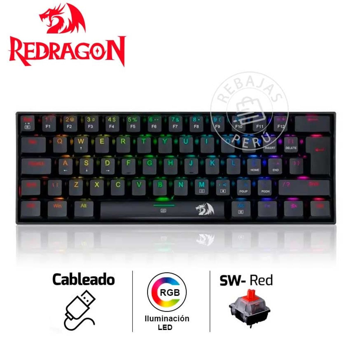 REDRAGON - Teclado Mecánico Redragon Dragonborn K630RGB 60% Switch Rojo Español
