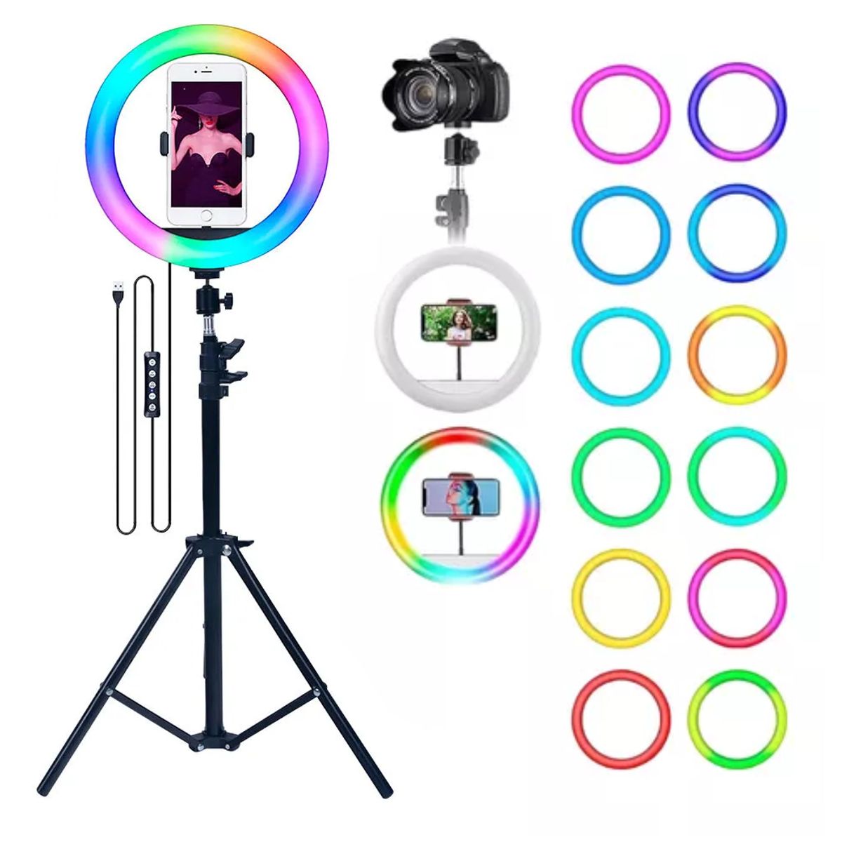 GENERICO - Aro De Luz Led 30Cm Trípode 21M Luz Blanca Calida RGB