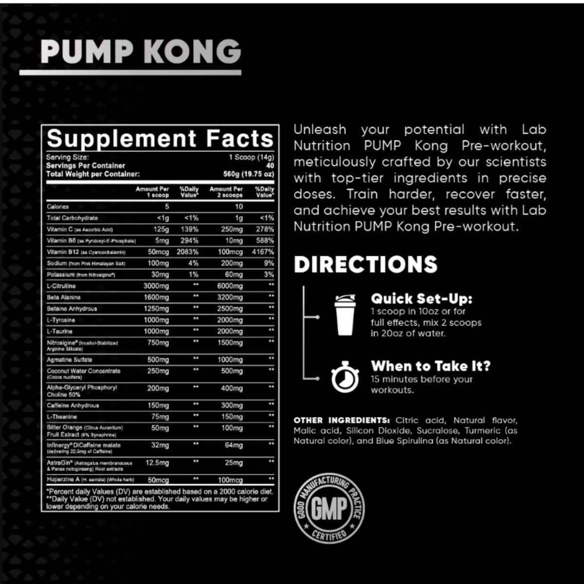 LAB NUTRITION USA - Pre entreno Pump Kong Lab Nurtition 40 serv 560g 300mg cafeina*