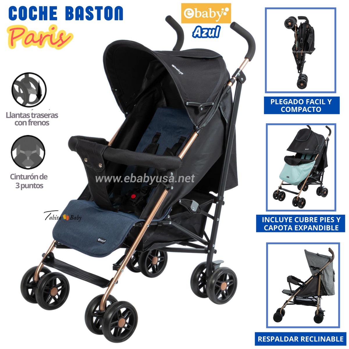 EBABY - Coche de Paseo Bastón Paris para Bebe AZUL