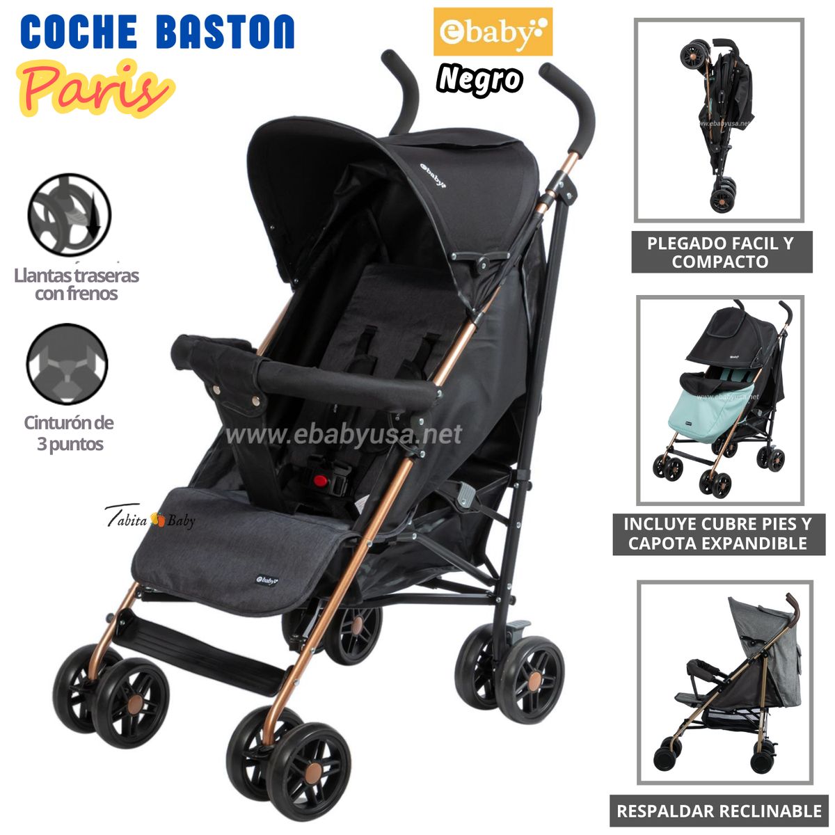 EBABY - Coche de Paseo Bastón Paris para Bebe NEGRO