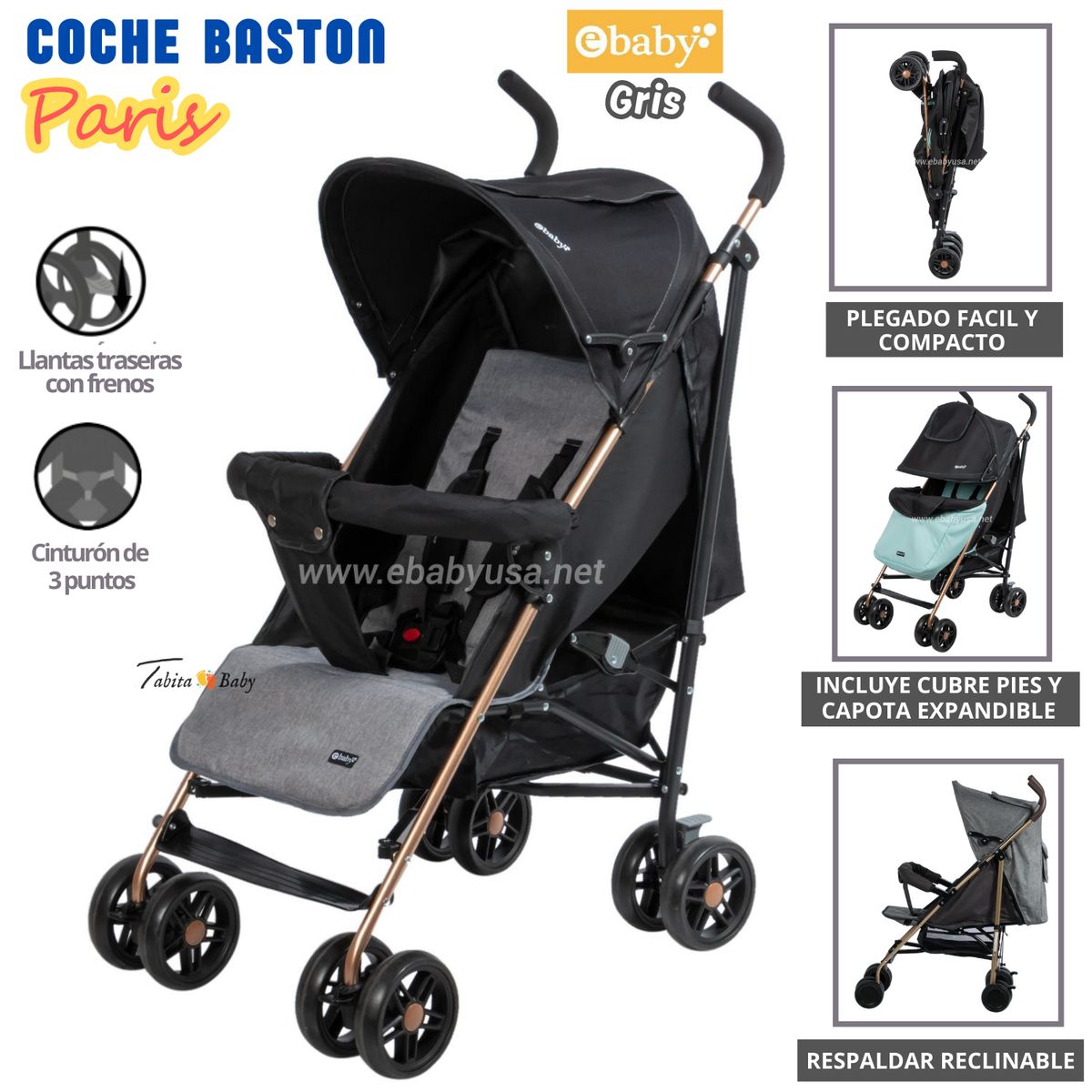EBABY - Coche de Paseo Bastón Paris para Bebe Gris