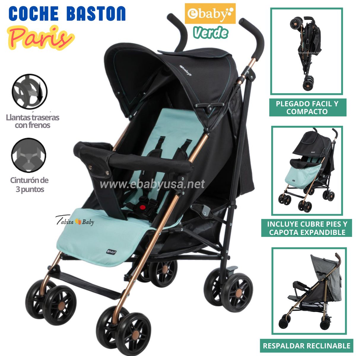 EBABY - Coche de Paseo Bastón Paris para Bebe Verde