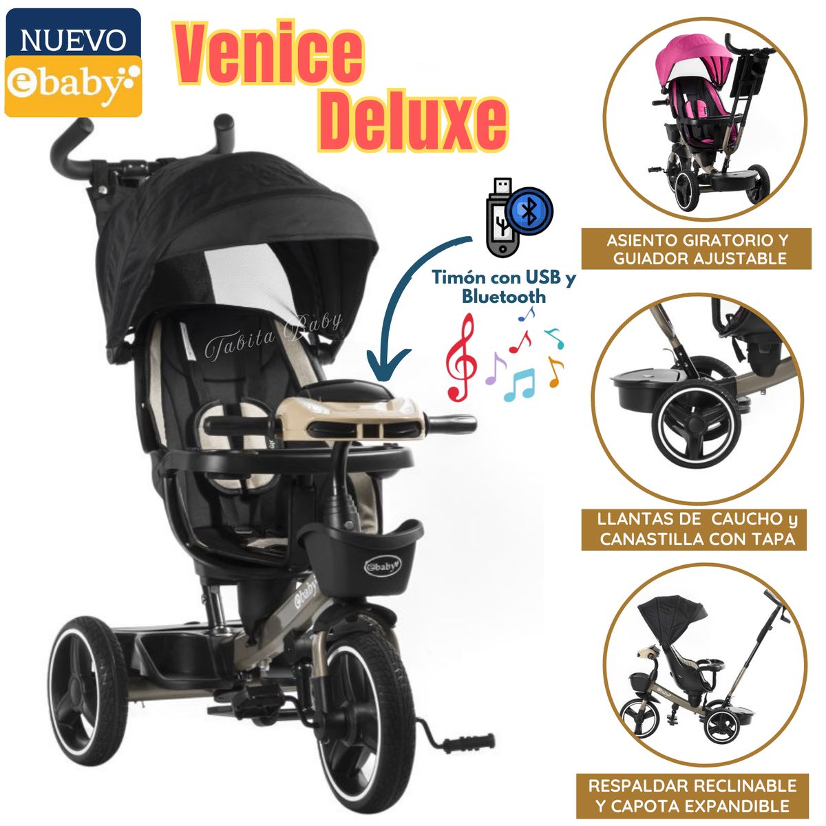 EBABY - Triciclo para niños musical y luces Venice Negro