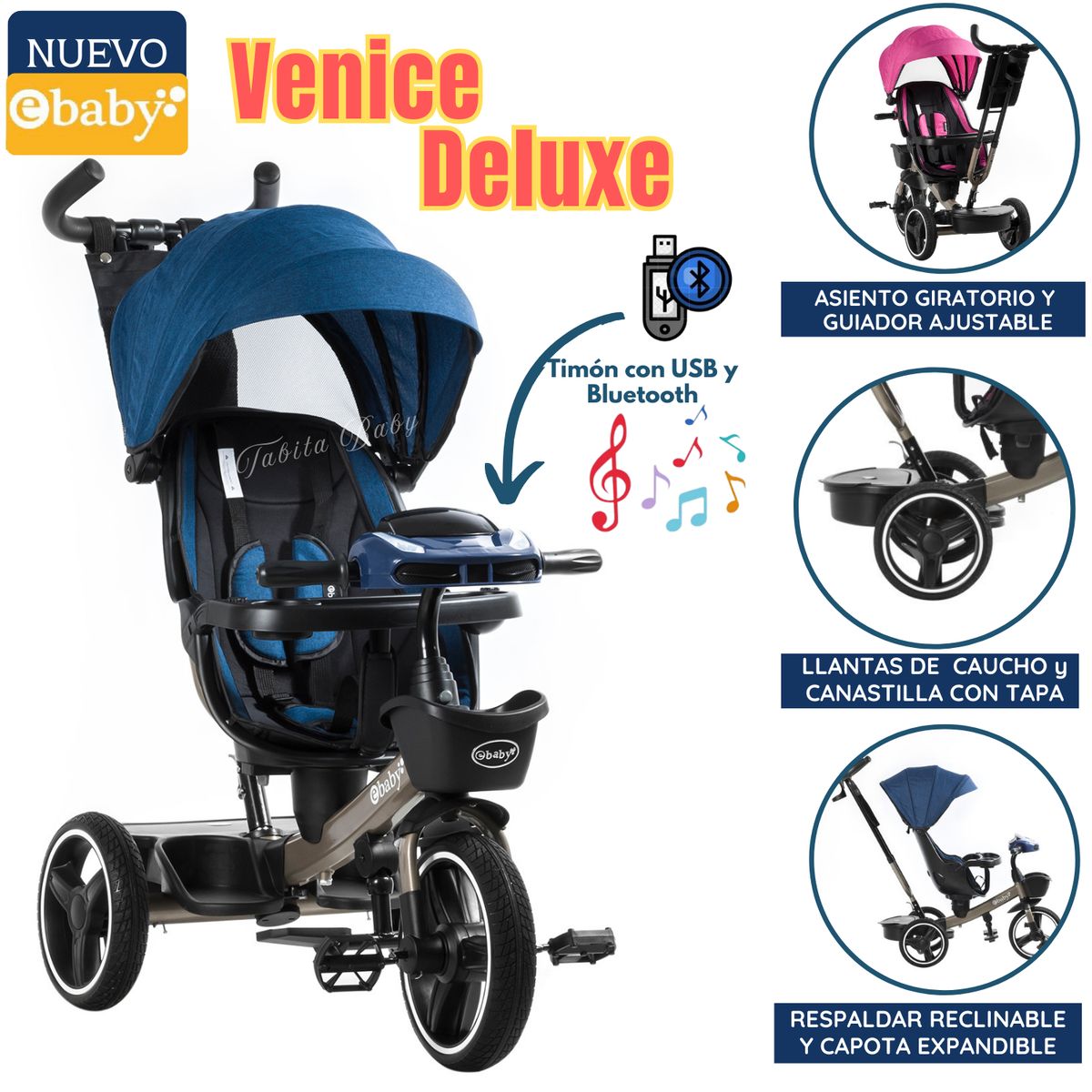 EBABY - Triciclo para niños musical y luces Venice Azul