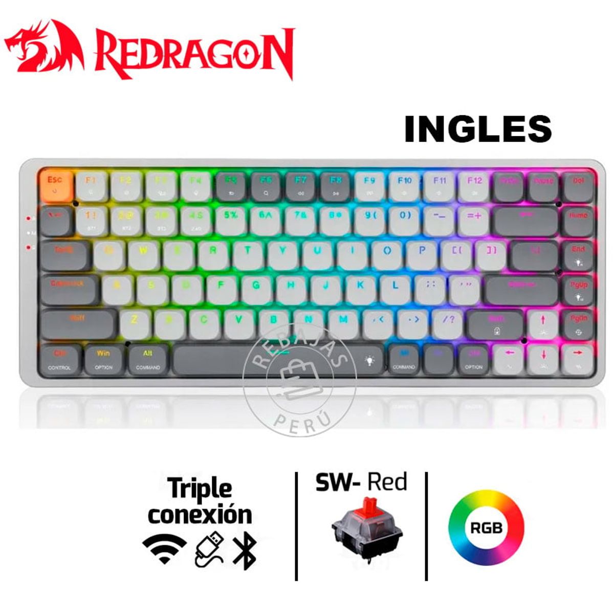 REDRAGON - Teclado Redragon Azure K652GG RGB-PRO  Wireless, 75%, Switch Rojo