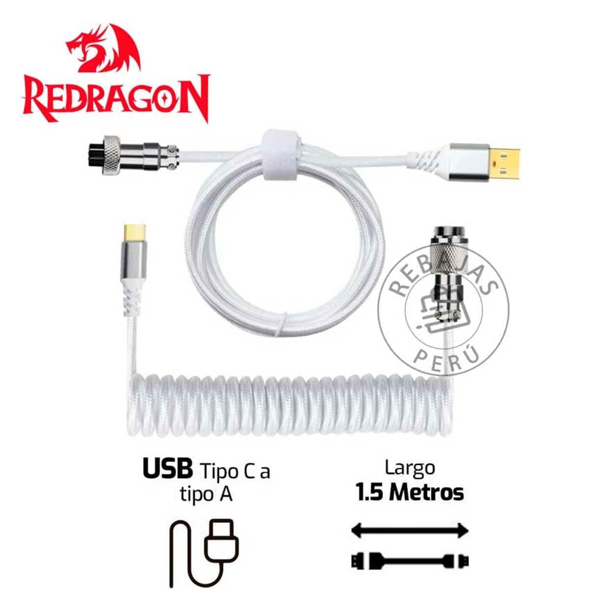 REDRAGON - Cable Redragon Coiled A115B BLACK USB-C, Nylon Trenzado, 160 cm