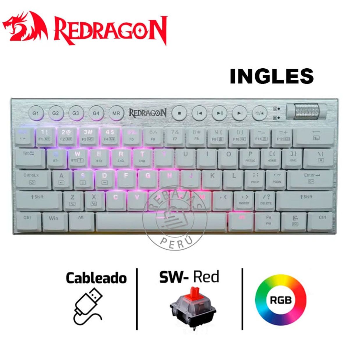 REDRAGON - Redragon HORUS K632-RGB  Teclado Mecánico 60% Blanco, Red Switch, RGB