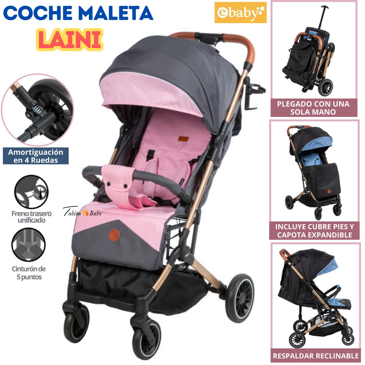 EBABY - Coche Maleta Plegable LAINI Rosado