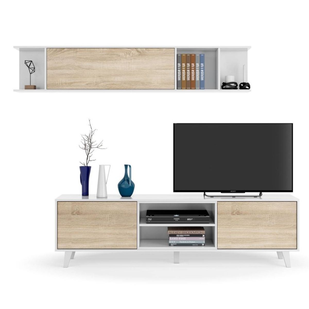 VENTITAS HOME - COMBO Mesa de TV 77° + Estante Artemisa Rovere y Blanco