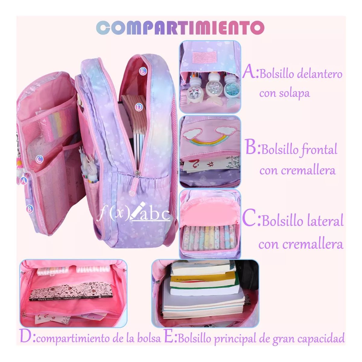 GENERICO - Mochila ArcoIris Escolar Niña Tamaño Oficio Impermeable Gran Capacidad
