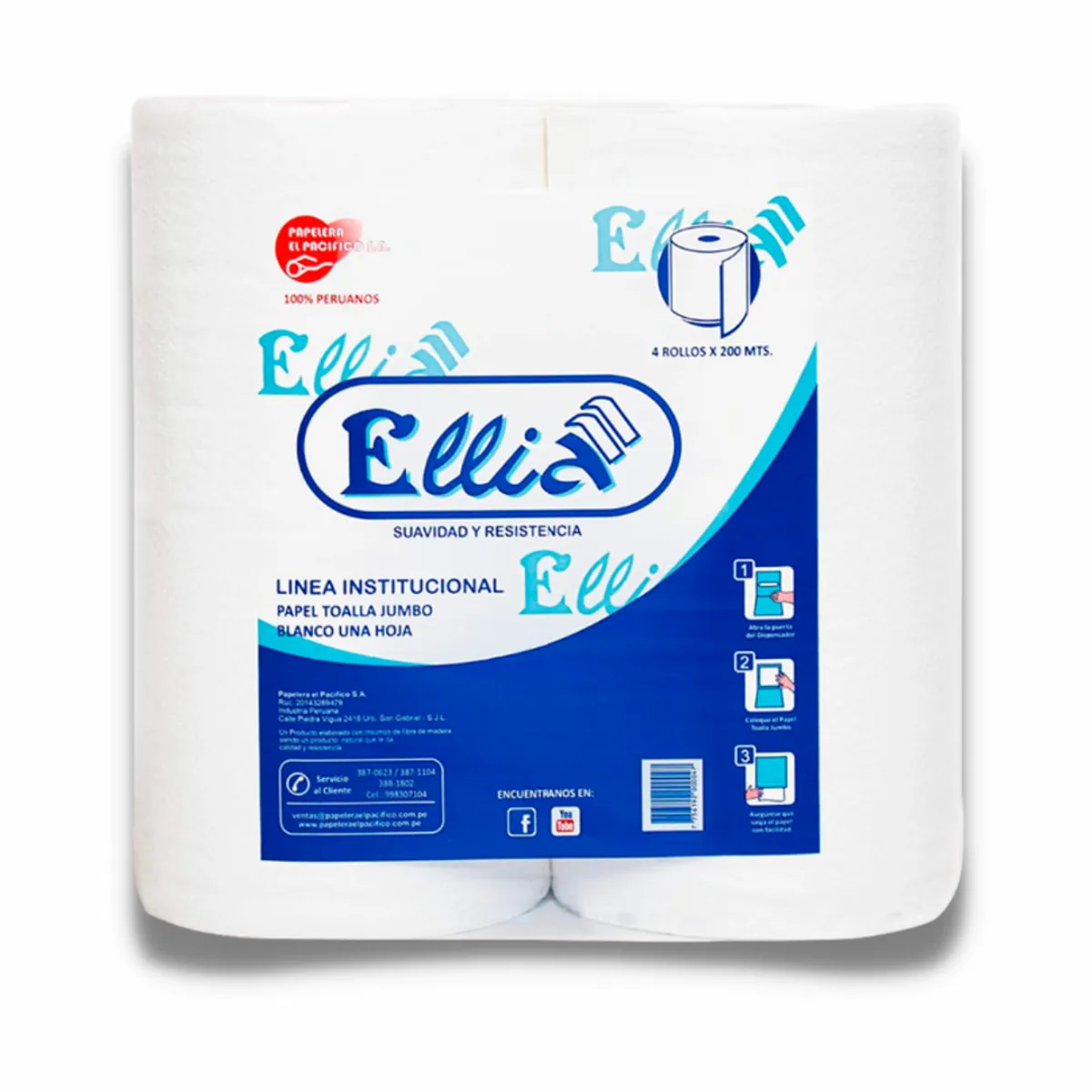 ELLIA - Papel Toalla Jumbo Blanco Ellia x 4 rollos de 200 metros