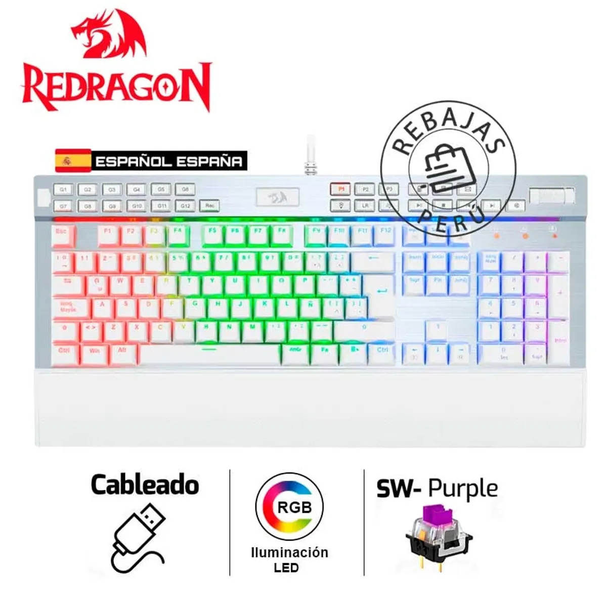 REDRAGON - Teclado Mecánico Redragon YAMA K550 Blanco RGB Purple Switch Español