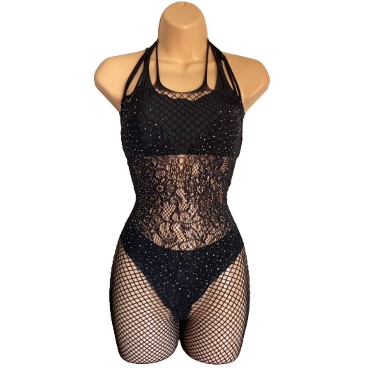 GENERICO - Enterizo malla con brillos color negro