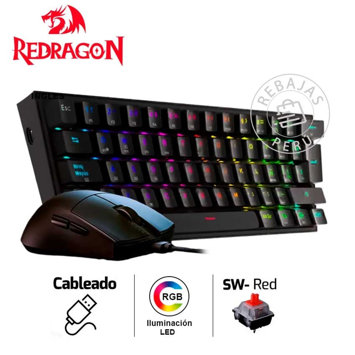 REDRAGON - Combo Redragon S143 Teclado K617RGB FIZZ SP + Mouse M724 Negro RGB