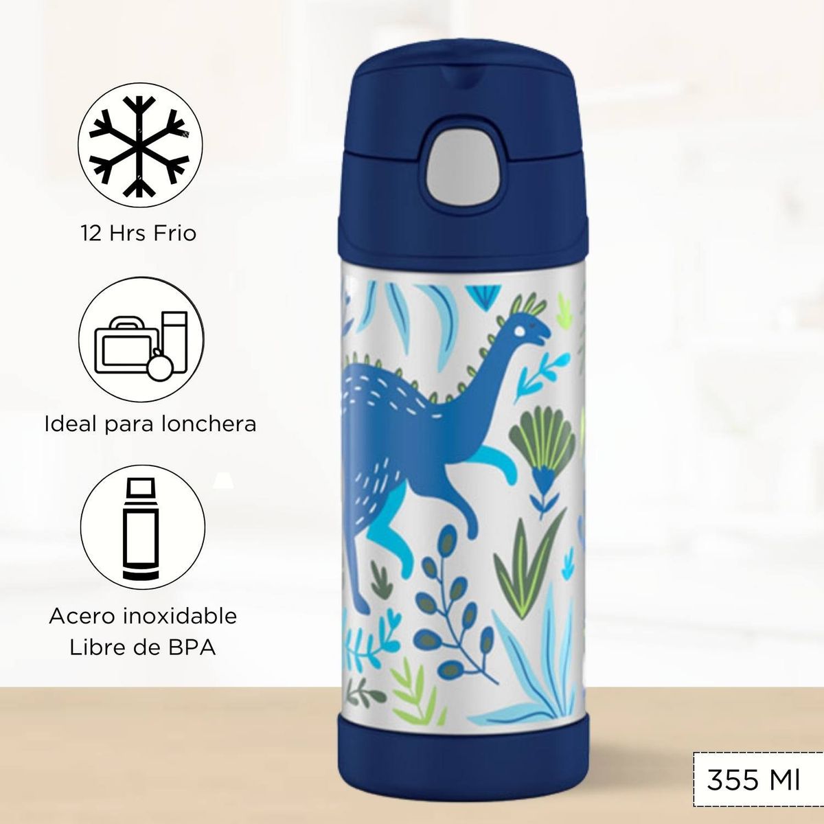 THERMOS - Tomatodo Termico para Niños Funtainer Sin Asa Dinosaurio 355 Ml