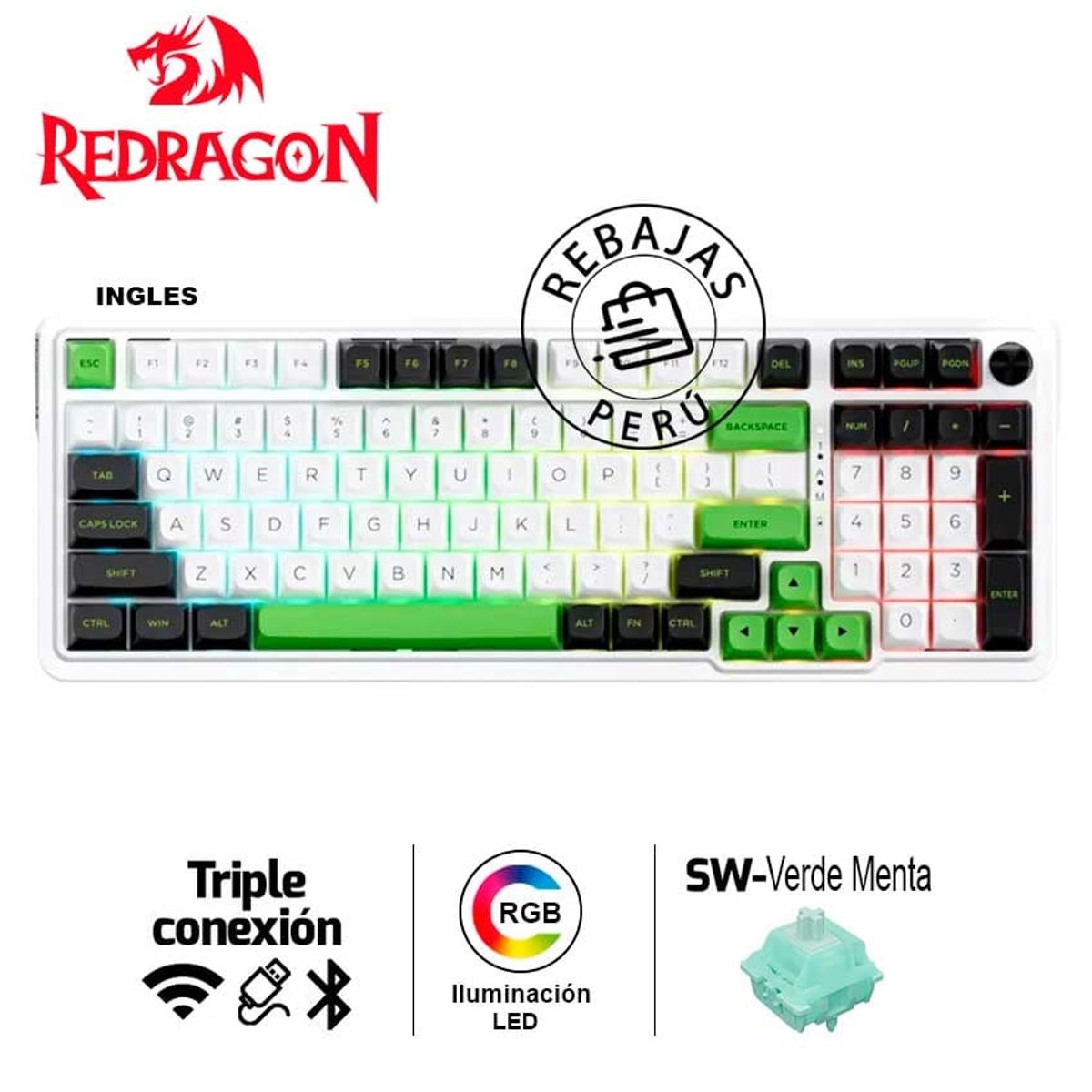REDRAGON - Teclado Redragon EISA K686WGB-RGB-MAX Wireless 96% Switch Verde Menta