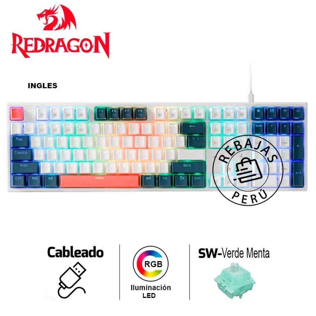 REDRAGON - Teclado Redragon TRUNDLE K668WBO-RGB Mecánico 100% RGB BlancoAzul