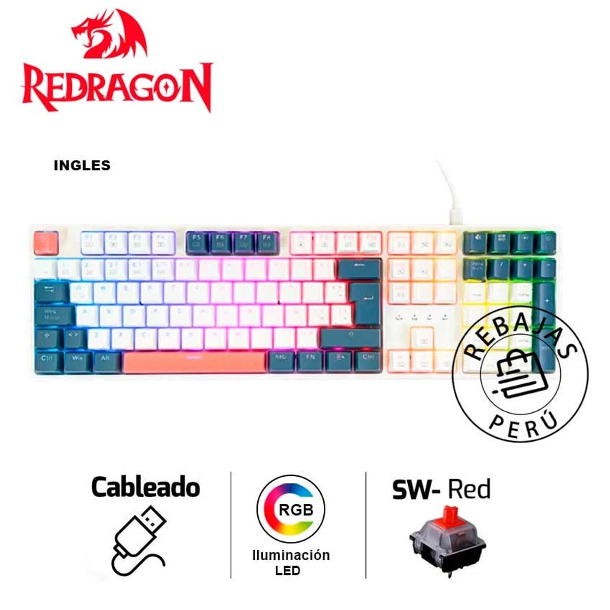 REDRAGON - Teclado Mecánico Redragon TRUNDLE K668WBORGB Español Blanco Negro Rojo