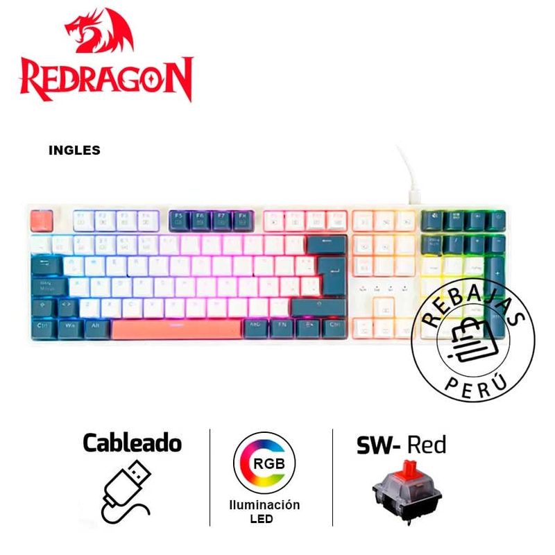 REDRAGON - Teclado Mecánico Redragon TRUNDLE K668WBORGB Español Blanco Negro Rojo
