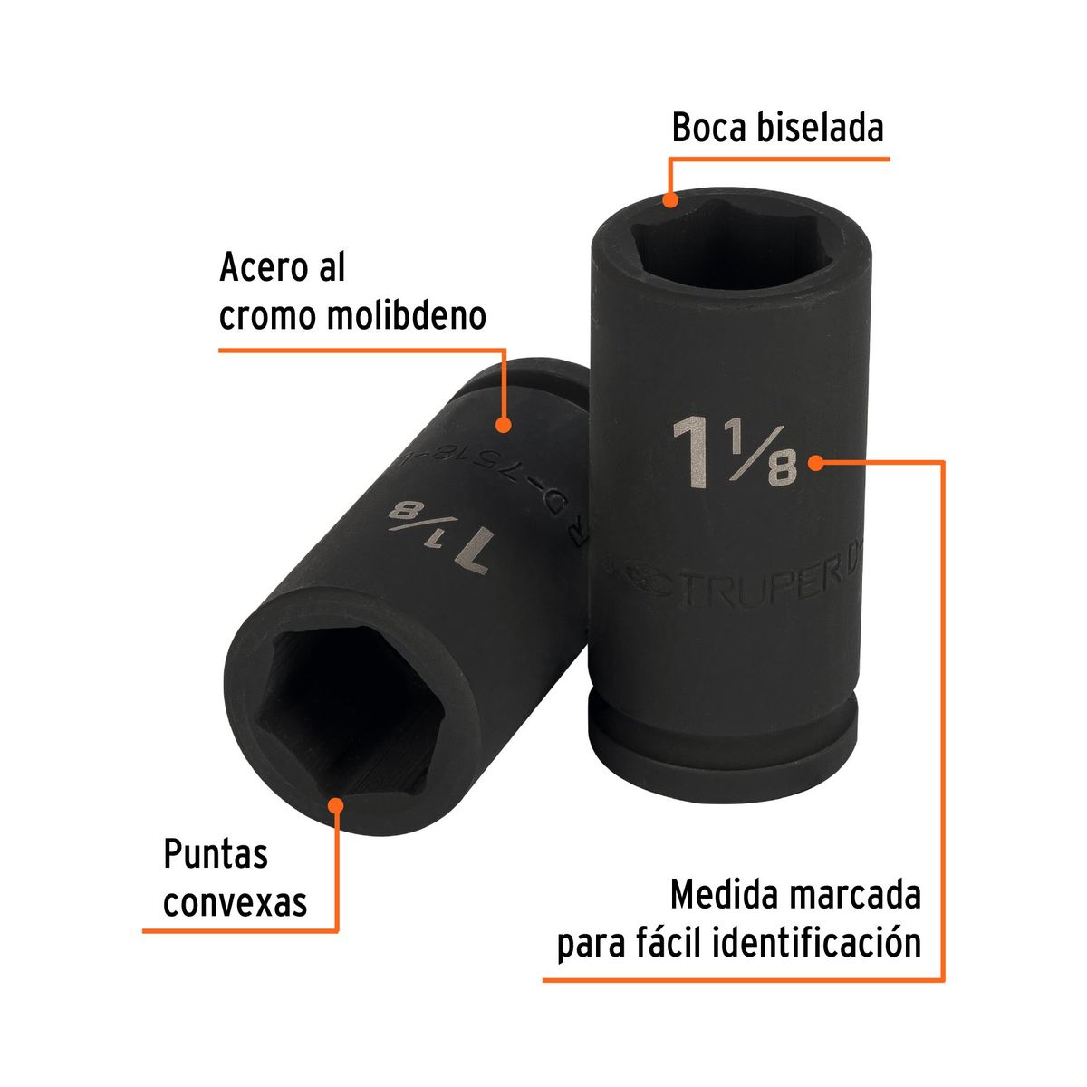 TRUPER - Dado 1 1/8" Impacto Tubular Hexagonal Encastre de 3/4" 12436 Truper