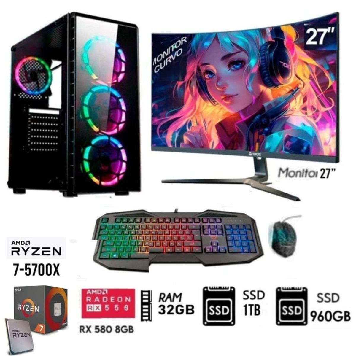 RYZEN - Computadora PC Gamer RYZEN 7 5700x  Ram 32GB SSD-M2 1TB+SSD 960GB RX 580 8GB M27