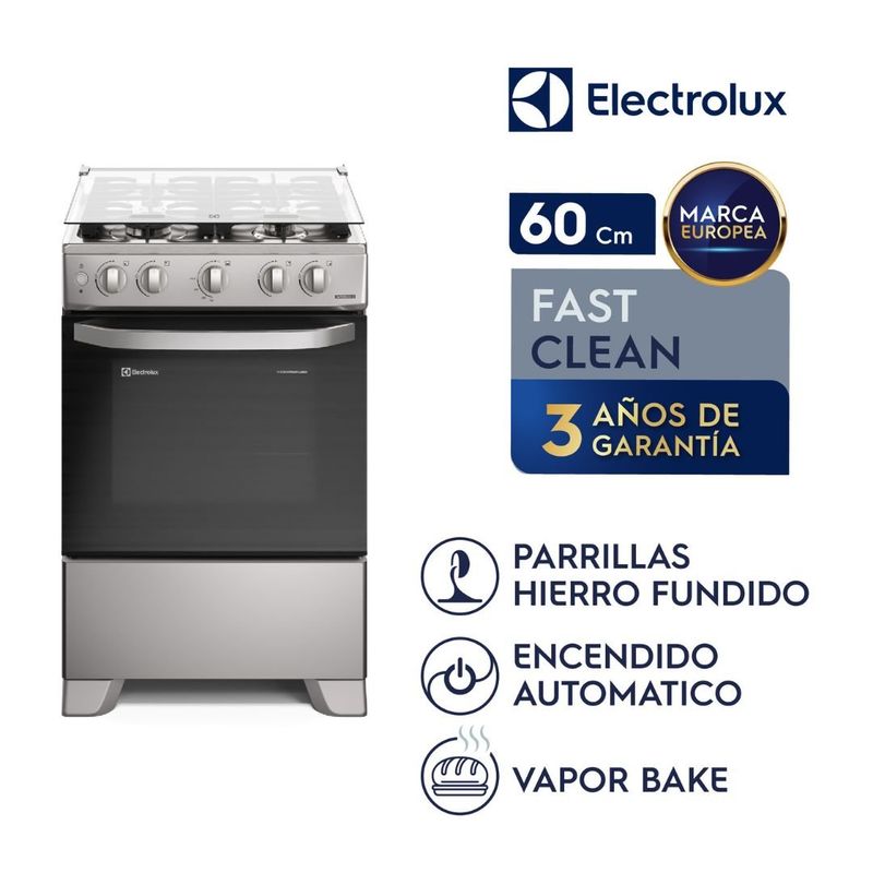 ELECTROLUX - Cocina Electrolux 4 Quemadores Efficient VaporBake y Parrilla Hierro Fundido Silver FE4ISR