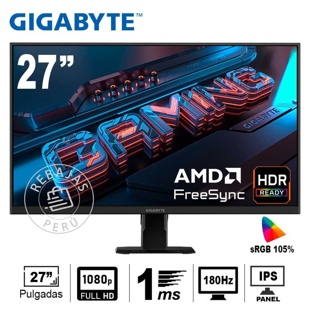 GIGABYTE - Monitor Gigabyte GS27FA 27 FHD 165Hz 1ms IPS FreeSync Premium