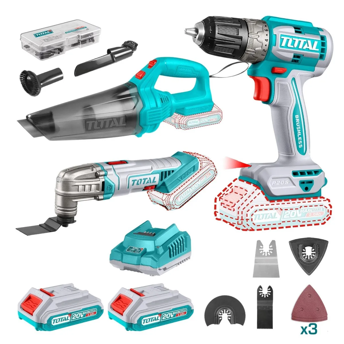 TOTAL TOOLS - Mega Combo Multi herramienta + Aspiradora + Taladro 20V Total