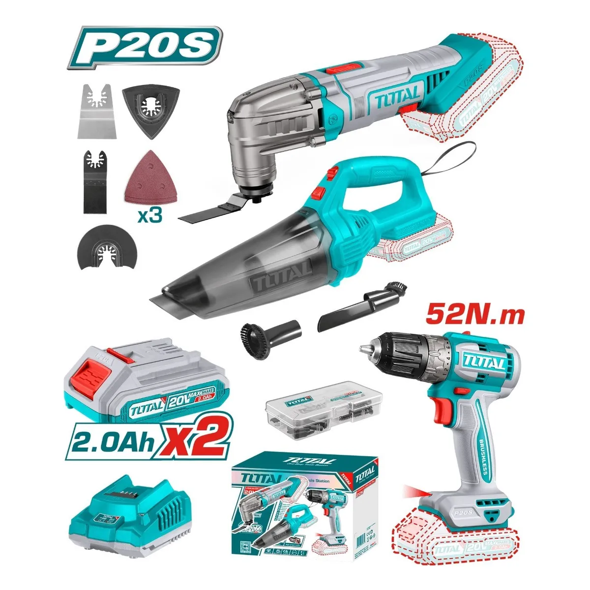 TOTAL TOOLS - Mega Combo Multi herramienta + Aspiradora + Taladro 20V Total