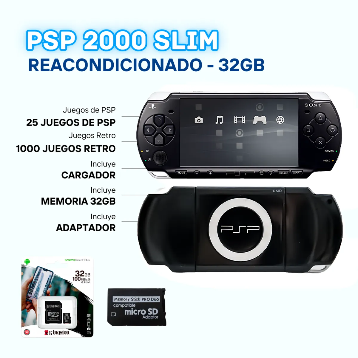 SONY - PSP 2000 Reacondicionada Negro + Memoria 32GB con Juegos