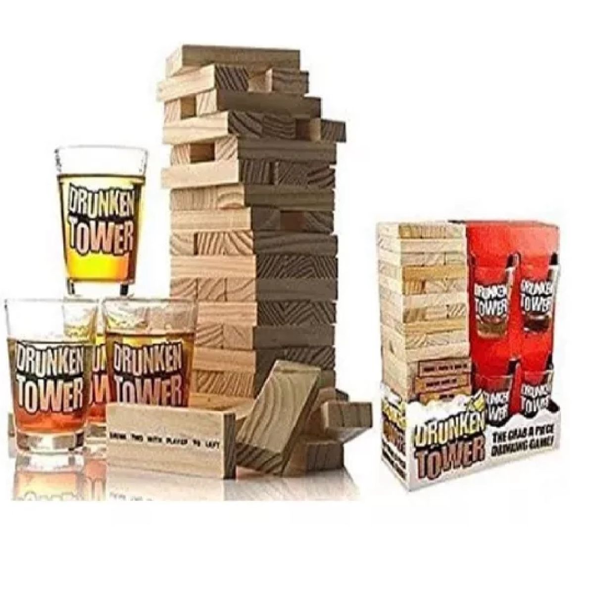 GENERICO - Juego Drunken Tower Jenga De Madera Con 4 Shots