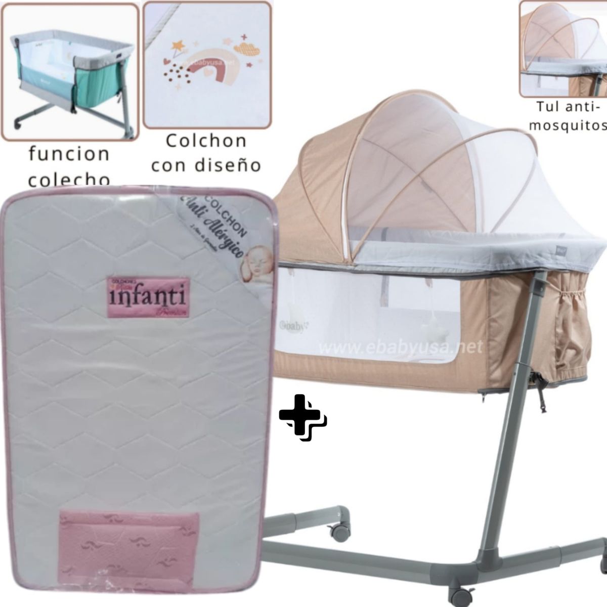 EBABY - Cuna Colecho MARION BEIGE  + Colchón para cuna ROSADO