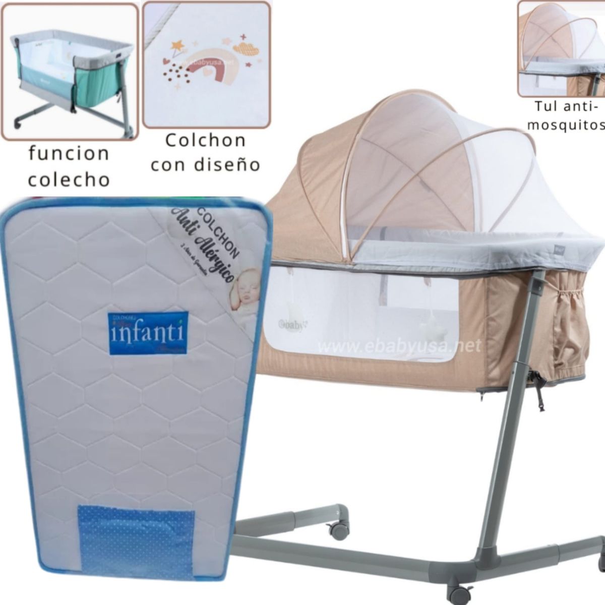 EBABY - Cuna Colecho MARION BEIGE  + Colchón para cuna CELESTE