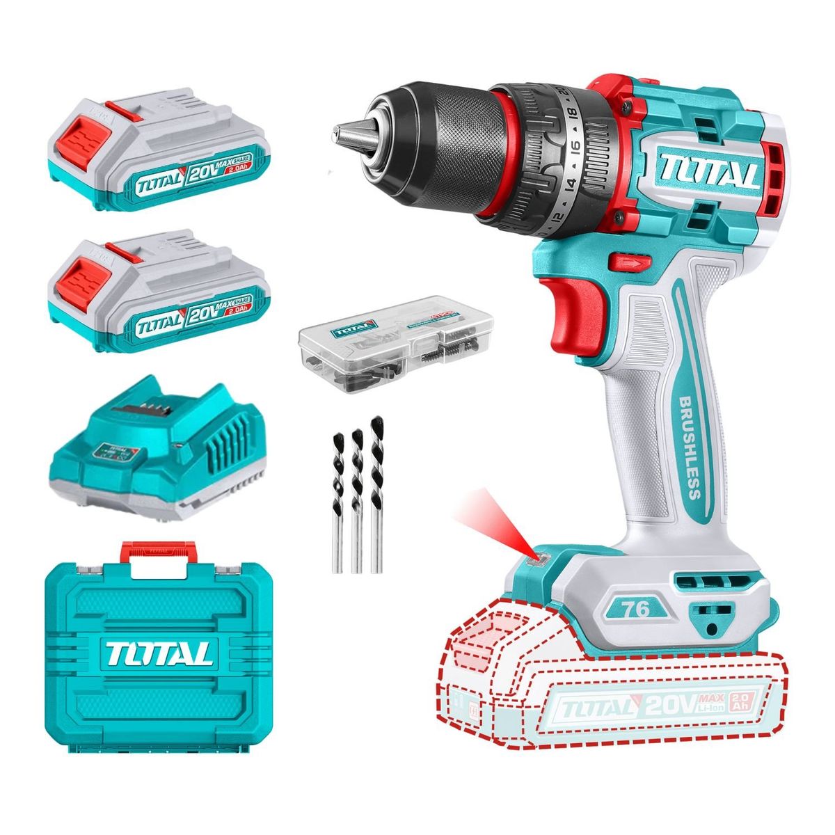 TOTAL TOOLS - Taladro percutor 76nm + 2 baterias y cargador industrial Total