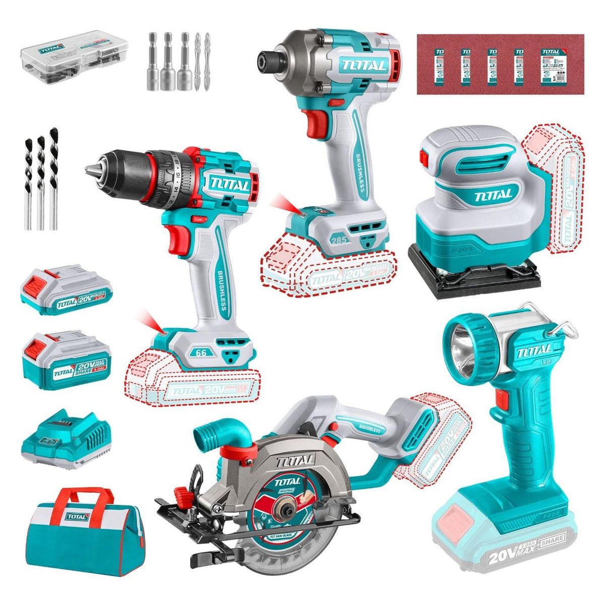 TOTAL - Taladro percutor 66nm + sierra circular + atornillador 285nm + lijadora y linterna Total