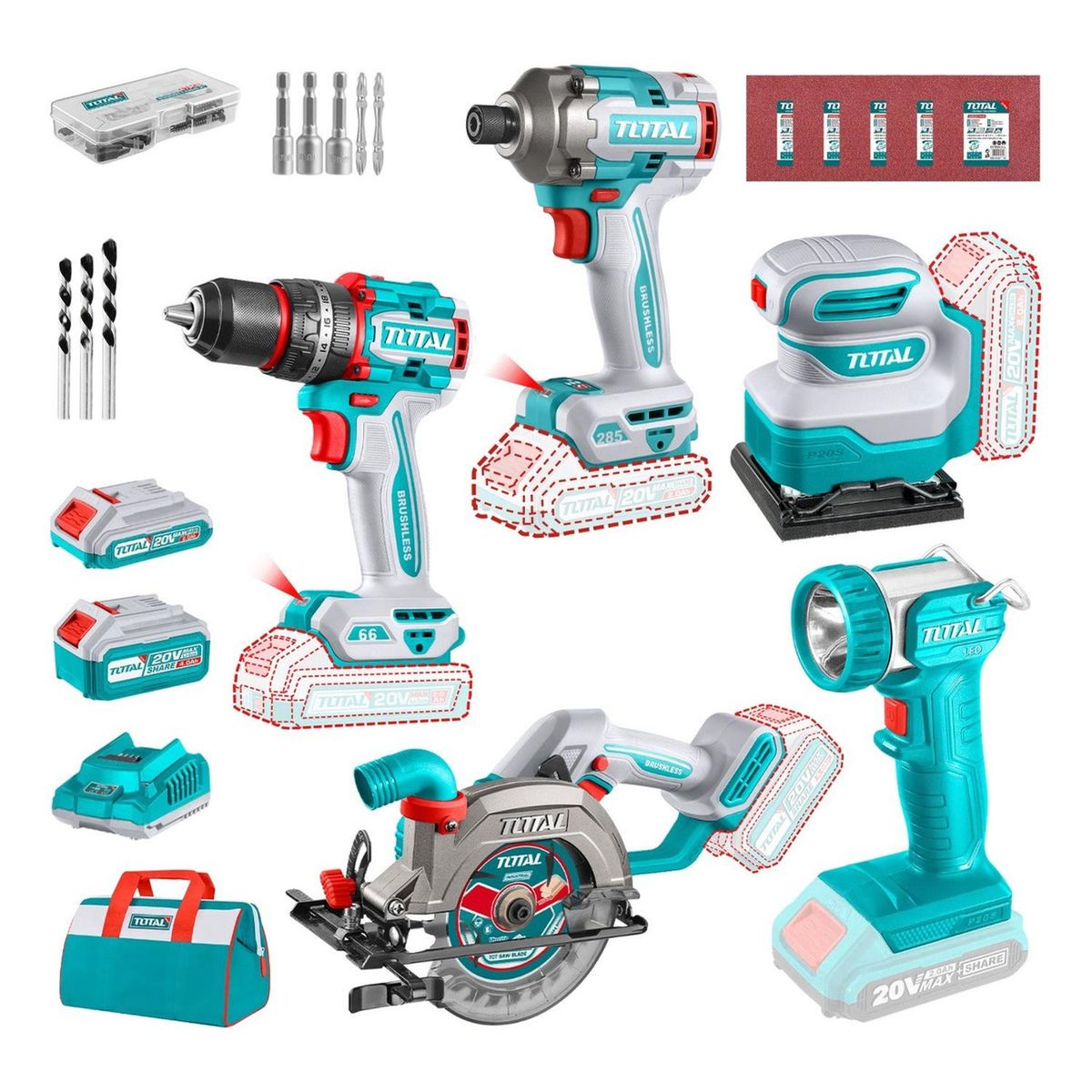 TOTAL - Taladro percutor 66nm + sierra circular + atornillador 285nm + lijadora y linterna Total