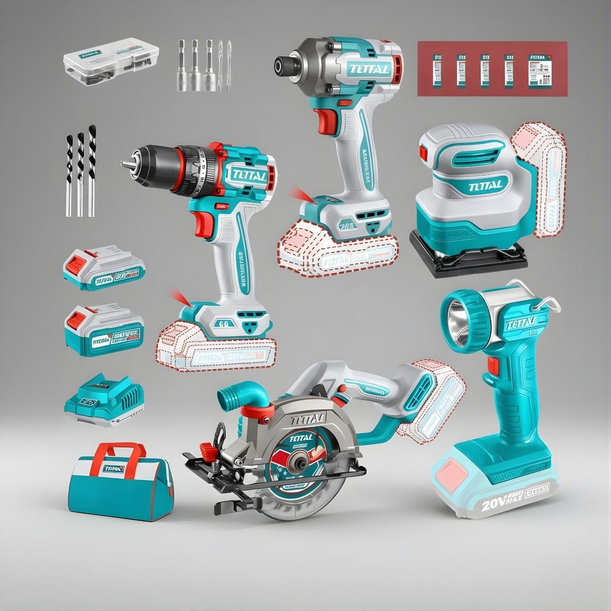 TOTAL - Taladro percutor 66nm + sierra circular + atornillador 285nm + lijadora y linterna Total